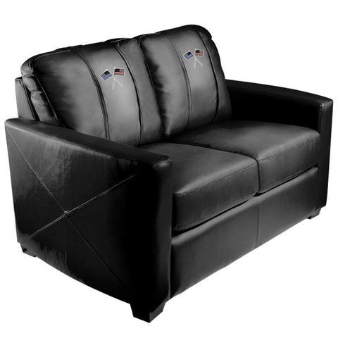Silver Loveseat with Red and Blue Line Flags Logo Panel