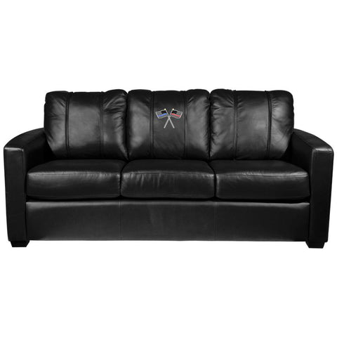 Silver Sofa with Red and Blue Line Flags Logo Panel